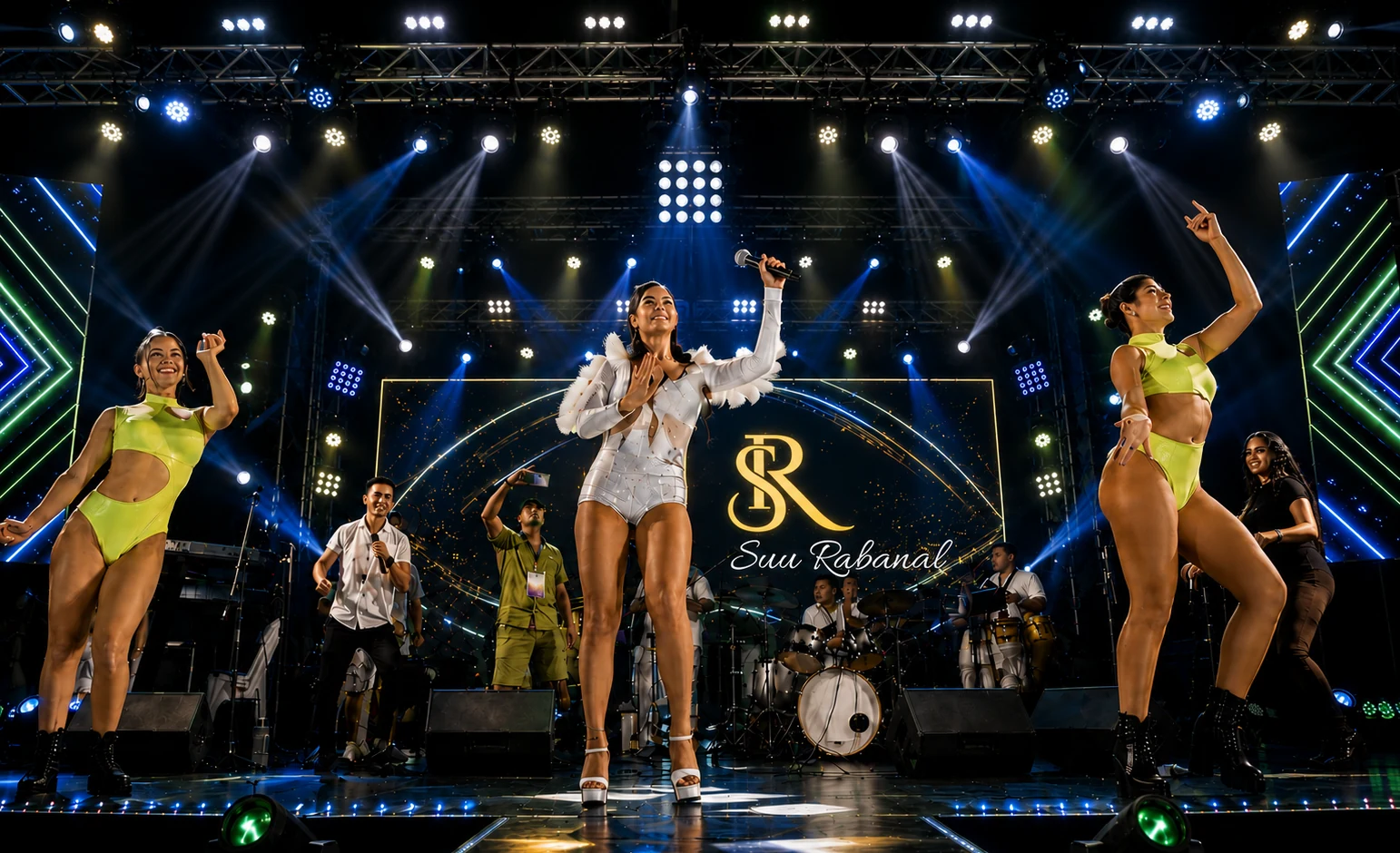 Suu Rabanal en show en vivo con cuerpo de baile, pantallas LED e iluminación escénica.